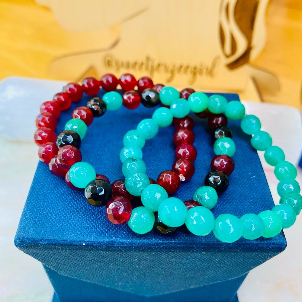 Handmade Red Green Jade & Black Agate Afro American Flag Colors Bracelet Stack 2
